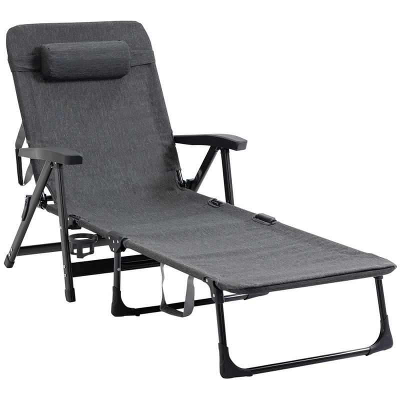 Outsunny Outdoor Folding Chaise Lounge Chair, Mesh Fabric Pool Chair with Adjustable Backrest, Pillow and Cup Holder for Poolside, Deck, Gray, 1 of 7
