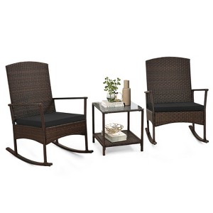 Tangkula 3 PCS Rocking Set Wicker Rocking Chairs w/ 2-Tier Coffee Table Patio Black - 1 of 4