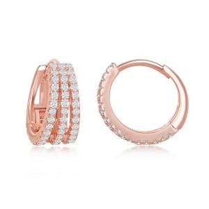 Bella Silver Sterling Silver Triple Row CZ Small Hoop Earrings - Rose Gold Plated - Red - 1 of 2