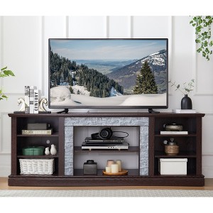 70" Large TV Stand with Faux Stacked Stone Surround, Media Console Table with Spacious Storage Cabinet, TV Desk Storage Rack, Entertainment Center - 1 of 4