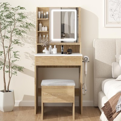 ELECWISH 23.6" Wood Grain Vanity Desk Set with LED Mirror & Stool - 3-Way Lighting, USB Charging Station, Blow Dryer Holder, Storage Shelves