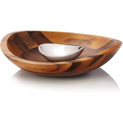 Nambe Braid Chip and Dip Bowl, Acacia Wood Platter and Alloy Bowl
