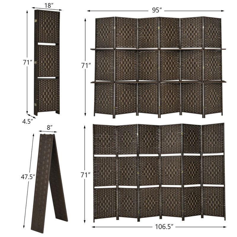 Costway 6 Panel Folding Room Divider 6Ft Weave Fiber Screen W/ 2 Display Shelves, 3 of 11
