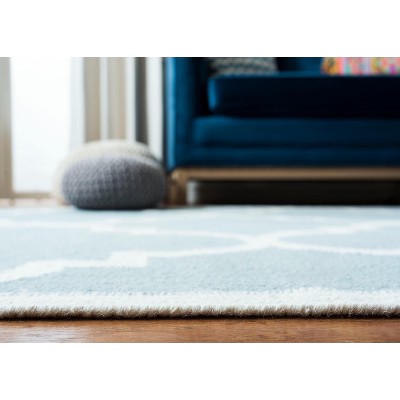 Ivory and Light Blue Geometric Wool Area Rug, 6' x 9'