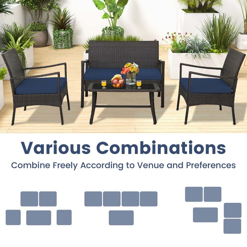 Costway 4PCS Patio Rattan Wicker Furniture Set Cushioned Sofa Armrest Coffee Table Navy, 2 of 10