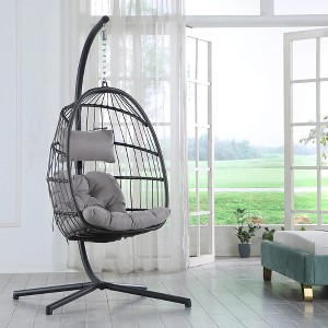 Brafab Hanging Egg Chair with Steel Stand and Fluffy Cushion, Lounge Wicker Iron Swing Chairs for Indoor Outdoor Patio Garden - 1 of 4