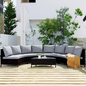 Outdoor Patio Sectional Sofa Set with Gray Cushions & Brown Wicker, Half-Moon Loveseats and Glass Coffee Table for Backyard or Deck-3irtyhousy - 1 of 4