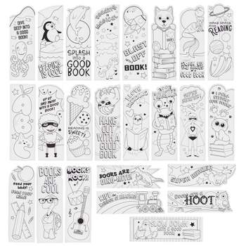 Juvale 24 Pack Color Your Own Bookmarks for Kids, Students, DIY Classroom Art, 24 Cute Book Worm Designs, 2 x 6 In