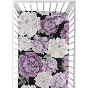 Sweet Jojo Designs Girl Baby Fitted Crib Sheet Peony Floral Garden Black and Purple - 1 of 4