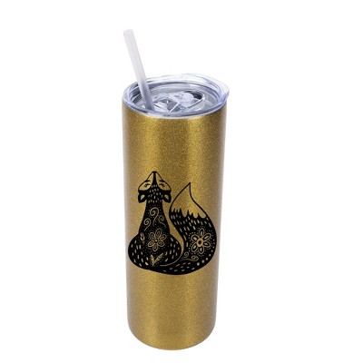 Elanze Designs Sly Forest Fox 20 Ounce Double-Walled Stainless Steel Insulated Slim Travel Tumbler with Lid and Straw, Vegas Gold