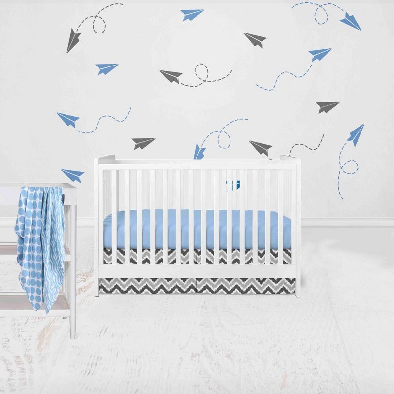 Bacati - Ikat Zebra Blue Grey 4 pc Crib Set with 2 Muslin Swaddle Blankets, 1 of 7