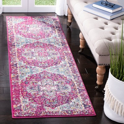 Fuchsia and Ivory Synthetic Hand-Knotted Runner Rug