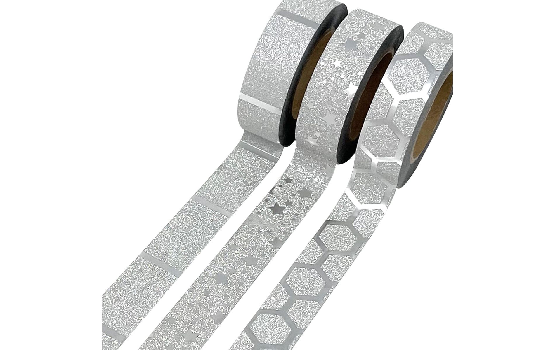Wrapables Glitter and Shine Washi Tapes Decorative Masking Tapes (Set of 3), Silver Glitter Stars