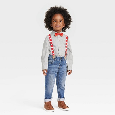 Toddler Boys' Valentine's Day Long Sleeve Button-Up Shirt and Denim Suspender Set - Cat & Jack™ Heather Gray
