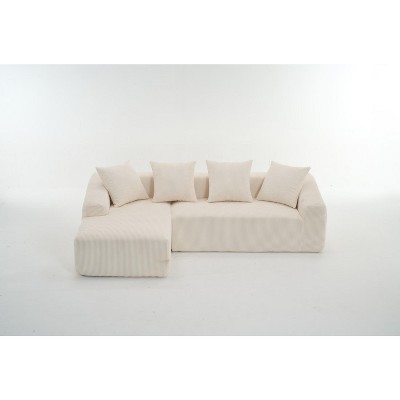 TIRAMISUBEST Compression Sofa with Chaise Longue & 3-Seater,Corduroy Fabric, Full Sponge Cushions, 4 Pillows for Living Room & Apartment