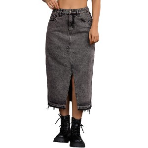 INSPIRE CHIC Women's Denim Front Slit Raw Hem High Waisted Midi Jean Skirts - 1 of 4