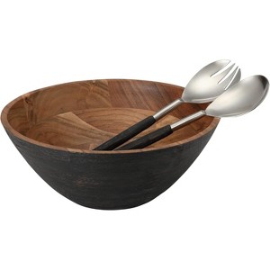 Folkulture 12"x5" Acacia Wood Salad Bowl with Matching Tongs | Wooden Mixing & Serving Bowl | Wedding Registry & Kitchen Decor, Black - 1 of 4