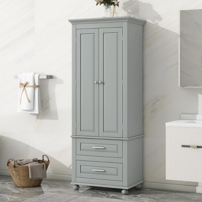 INFURNIC Decorative Storage Cabinets Tall Storage Cabinet with Adjustable Shelf and Two Drawers for Bathroom and Office, Grey, 24"*15.7"*62.5"