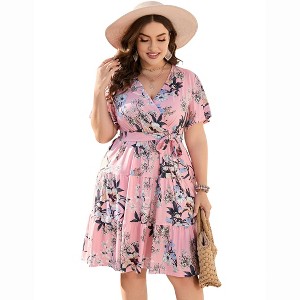 Plus Size Women's V Neck Short Sleeve Dress with Belt Flowy Casual Summer Day Dress - 1 of 4