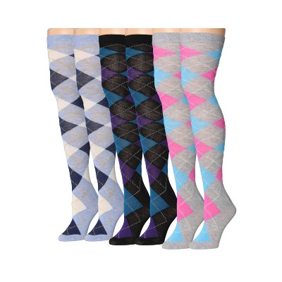 Isadora Paccini Womens 3 Pairs Harmonious Argyle Medley Solid Colors Pattern Over The Knee High Socks