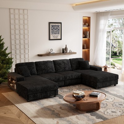 137" Oversized Symmetrical U Shaped Sectional Sofa with Double Chaise Lounge and Storage Cabinet,6 Seater Corduroy Upholstered Lounger Couch
