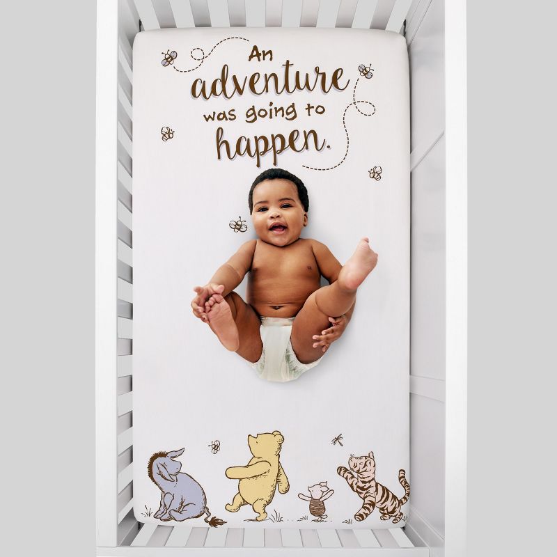 Disney Classic Pooh Hunny Fun with Piglet, Eeyore and Tigger White 100% Cotton Photo Op Nursery Fitted Crib Sheet, 3 of 7