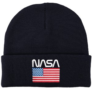 NASA American Flag Worm Logo Knit Beanie for Men and Women, Navy - 1 of 4