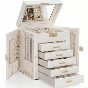 Large Leather Jewelry Box with Mirror Lock, 6 - Tier Organizer for Women Girls - 1 of 4