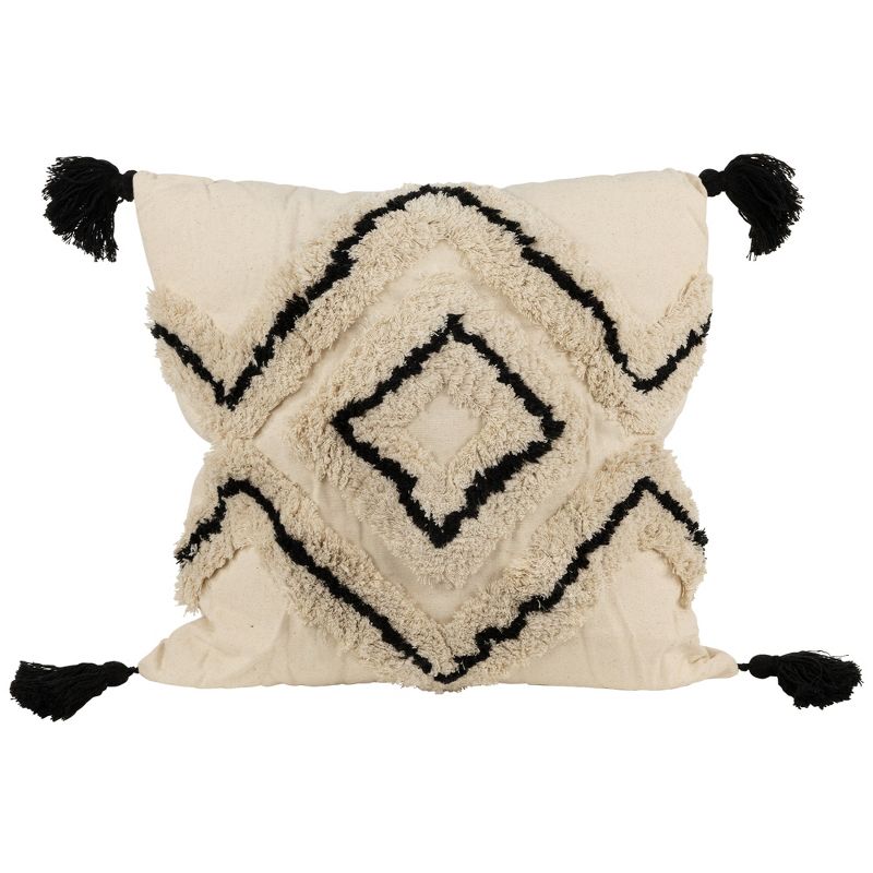 Northlight 15" Beige and Black Boho Cotton Square Throw Pillow with Tassels, 1 of 7