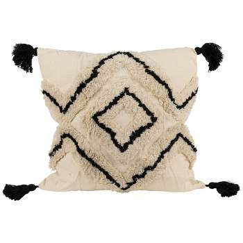 Northlight 15" Beige and Black Boho Cotton Square Throw Pillow with Tassels