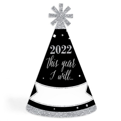 Big Dot of Happiness New Year's Eve - Silver - 2022 Cone New Years Eve Resolution Party Hats for Kids and Adults - Set of 8 (Standard Size)