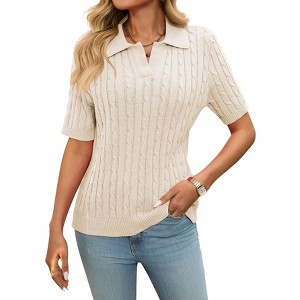 Clearlove Womens Sweater Collar V Neck Short Sleeve Casual Knit Sweater Tops - 1 of 4