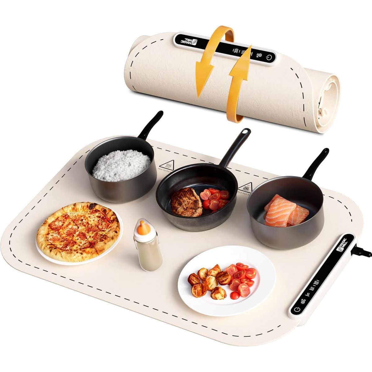 Magic Mill Electric Food Warming Mat, 3 Temp Levels, Fast Heat, Rollable Silicone, Non-Slip, 24"x16" Cream