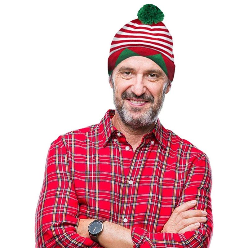 Juvale 2 Pack Christmas Elf Hats for Adults, Striped Holiday Beanies with Green Pom Poms, 3 of 6