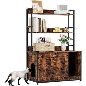 Cat Litter Box Enclosure with 2 Storage Shelves, Hidden Cat Furniture Cabinet with Double Doors, Scratch Pad, Indoor Cat House & Bookshelf Design - 1 of 4