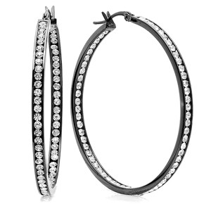 Steeltime Ladies stainless steel in and out simulated diamond hoop earrings. Color Options: Silver, Black - 1 of 4