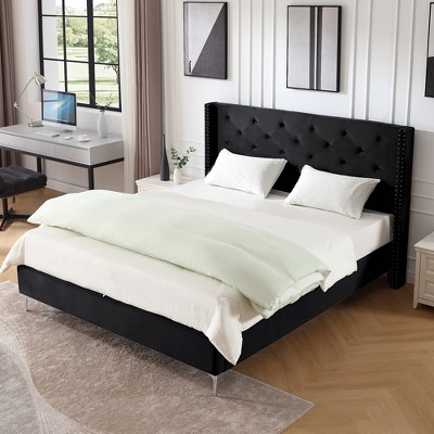 California King Wooden Bed Frame with Headboard Wingback Tufted Platform Bed No Boxspring Needed -Morden Fort