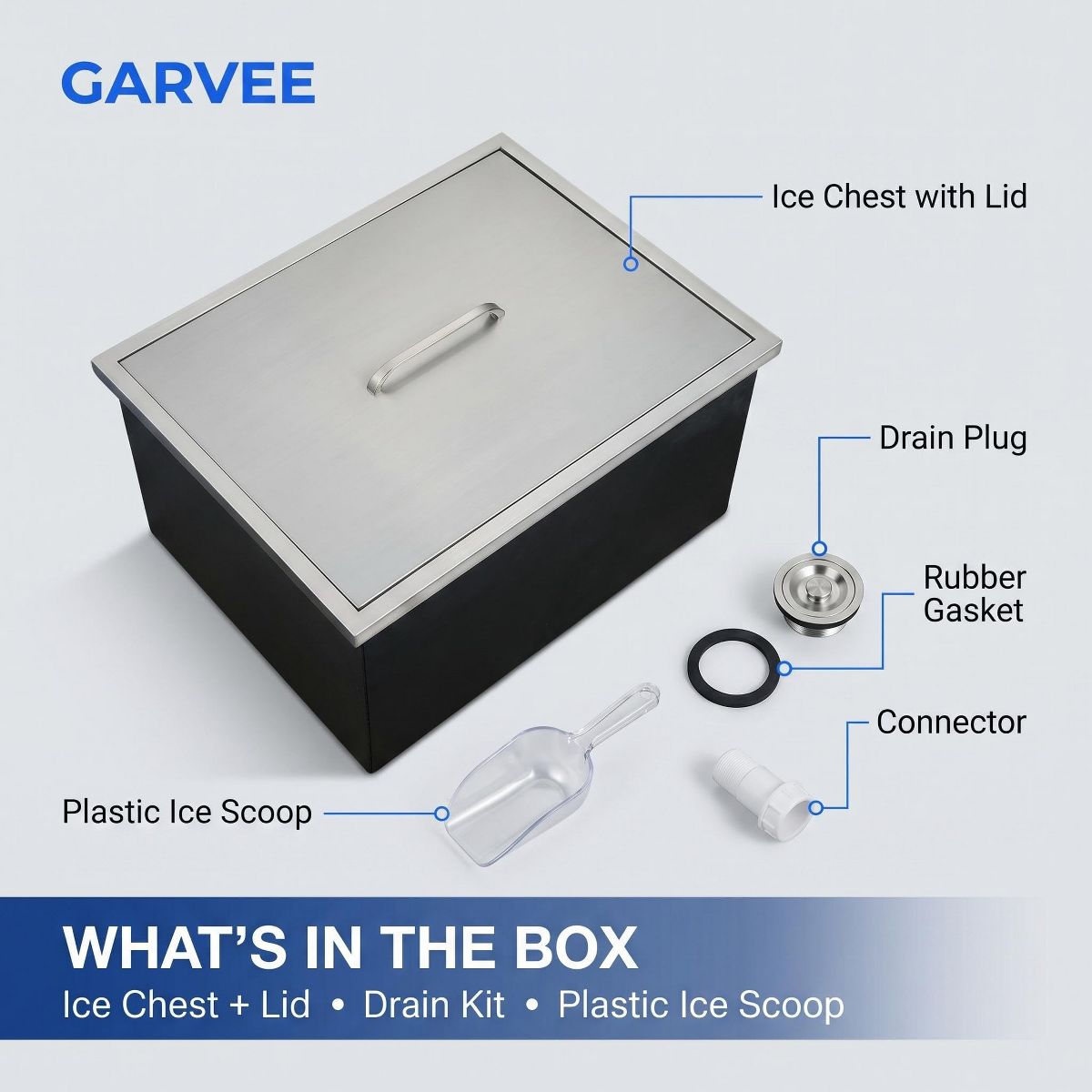 Built In Stainless Steel Ice Cooler Box, Insulated Beverage Chest with Lid and Drain Hole - thumbnail 7
