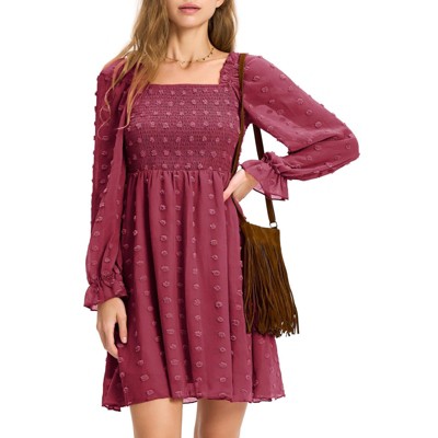 EXLURA Women's 2025 Summer Long Sleeve Party Swiss Dot Dress Smocked Ruffle Cocktail Mini Dresses
