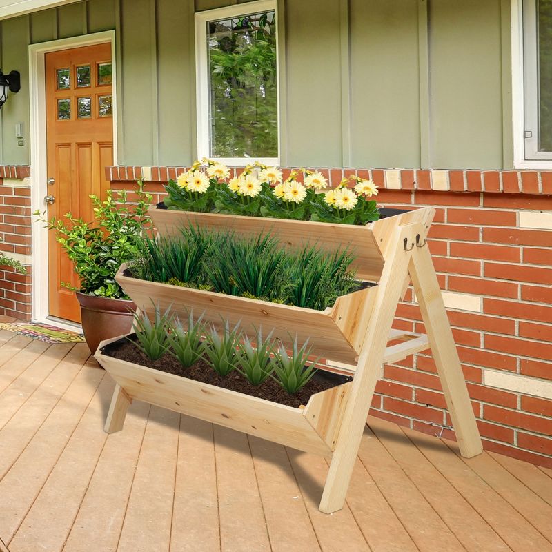 Outsunny 3-Tiers Raised Garden Bed Raised Garden Boxes Wooden Plant Stand with Side Hooks, Great for Flowers Herbs Vegetables, Natural, 2 of 10