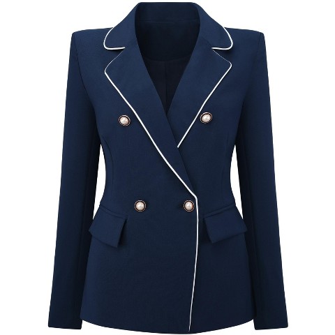 INSPIRE CHIC Women's Notch Lapel Long Sleeve Double Breasted Work Blazer Medium Navy Blue