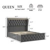 Queen LED Bed Frame with Charging Station and 4 Storage Drawers, Upholstered Platform Bed Frame with Wingback Headboard, Button Tufted/Grey - 3 of 4