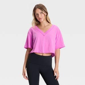 Women's V-Neck Boxy Cropped Short Sleeve Top - JoyLab™ - 1 of 3