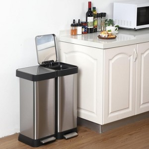 16 Gallon Dual Trash and Recycling Bin, Stainless Steel Kitchen Garbage Can with Double Lid, Pedal Rubbish Bin, Without Inner Bucket, Silver - 1 of 4