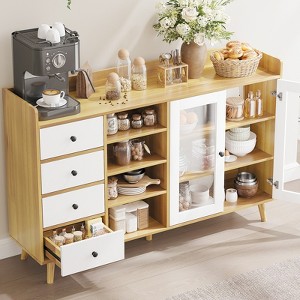 COZONY 55" Farmhouse Buffet Cabinet Sideboard with Storage, Wood Kitchen Cabinet with Glass Doors & Adjustable Shelves, Large Coffee Bar Station - 1 of 4