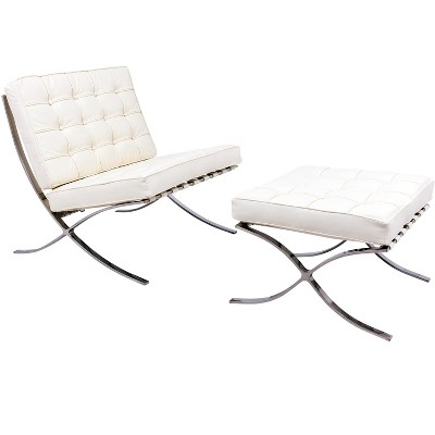 LeisureMod Bellefonte Pavilion Chair and Ottoman, Stainless Steel Frame and Leather Cushions for Living Rooms, Offices, and Lounges