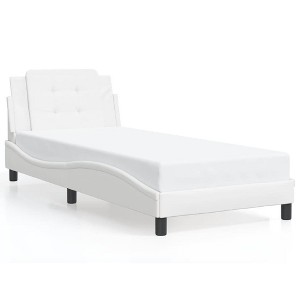 vidaXL Twin XL Bed Frame with Headboard - White Faux Leather - Plywood Slats, Foam Padded Headboard, 39.4"x79.9" - Stylish Modern Bedroom Furniture - 1 of 4