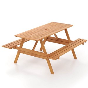 Tangkula 6 Person Picnic Table with 2 Benches Outdoor Hardwood Picnic Table Bench Set w/ 2" Umbrella Hole Slatted Tabletop & Seat - 1 of 4