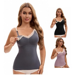INSPIRE CHIC Women's 3 Pcs Lace V Neck Pregnancy Cami with Built-In Bra Maternity Nursing Tank Top for Breastfeeding - 1 of 4