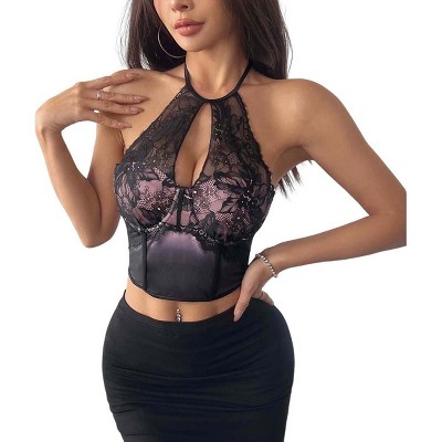Clearlove Women's Mesh Sheer Long Sleeve Bodysuit Lace Floral Sexy See Through Tops Jumpsuit Bodysuit for Women Going Out Tops